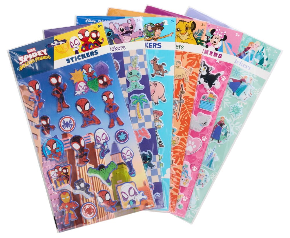 En vifteformet stabel med 3D-klistremerker Disney Flere sorter, med Spider-Man, Stitch, Simba, Minnie og Elsa.