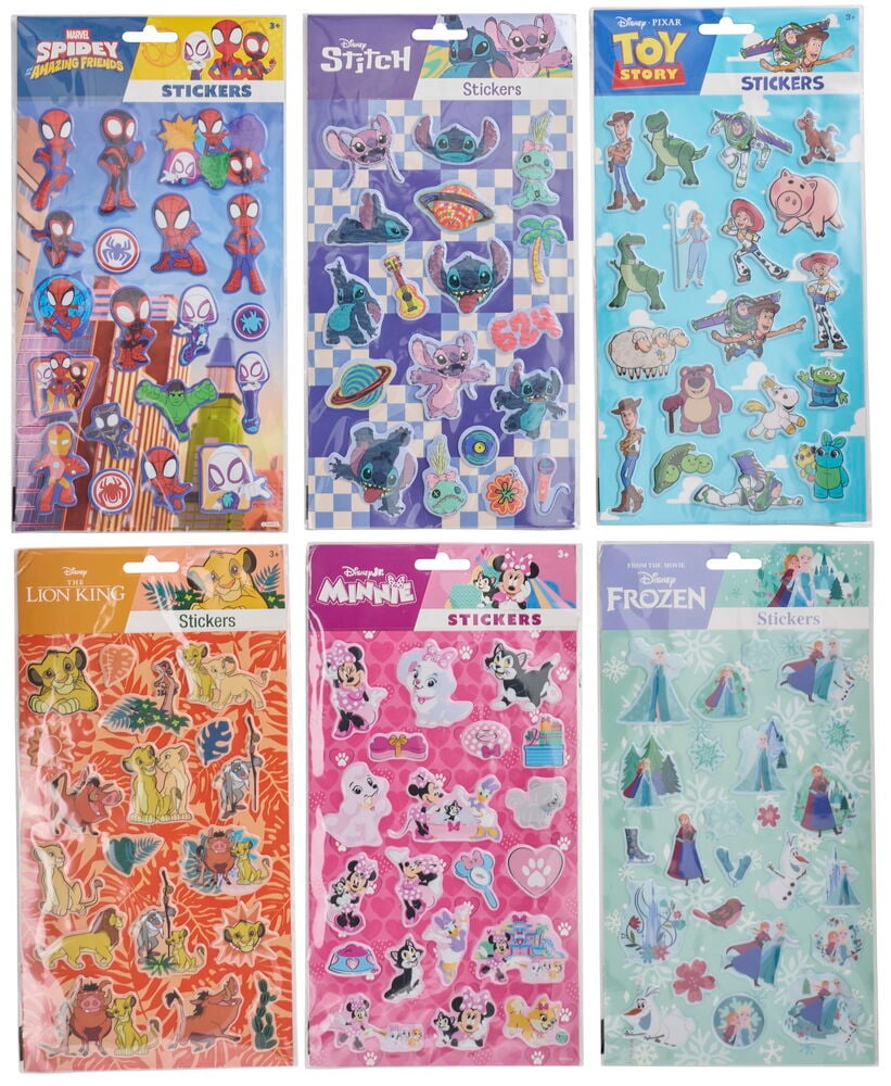 Seks 3D-klistremerkepakker med Disney-tema: Spider-Man, Stitch, Toy Story, Løvenes konge, Minnie, Frost.