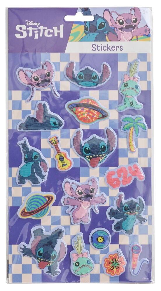 3D-klistremerker Disney Flere sorter på rutete bakgrunn med ulike Stitch- og Angel-figurer og gjenstander.