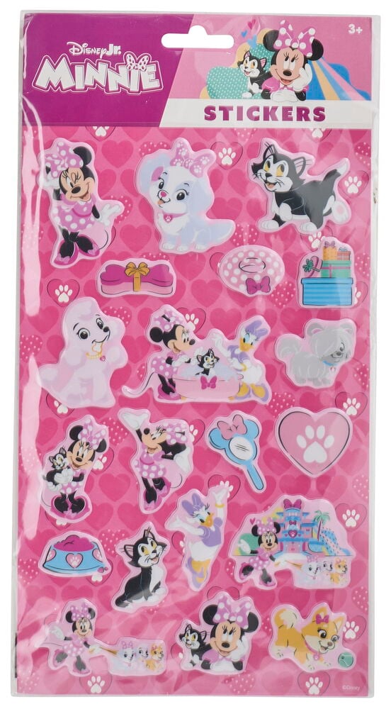 Flere sorter Disney Jr. Minni Mus 3D-klistremerker i gjennomsiktig pakke, rosa med forskjellige figur- og kjæledyrmotiver.