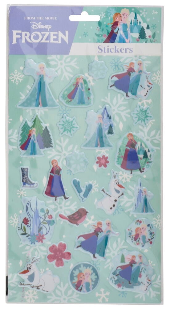 3D-klistremerker, Disney Flere sorter, med Elsa, Anna, Olaf og vintertema på lys grønn bakgrunn.