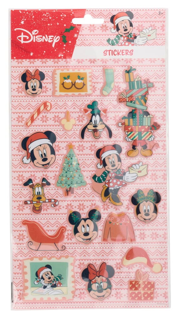 3D-tarrat Disney, jouluaihe, Mikki, Minni, Hessu ja juhlalliset esineet vaaleanpunaisella kuvioidulla arkilla.