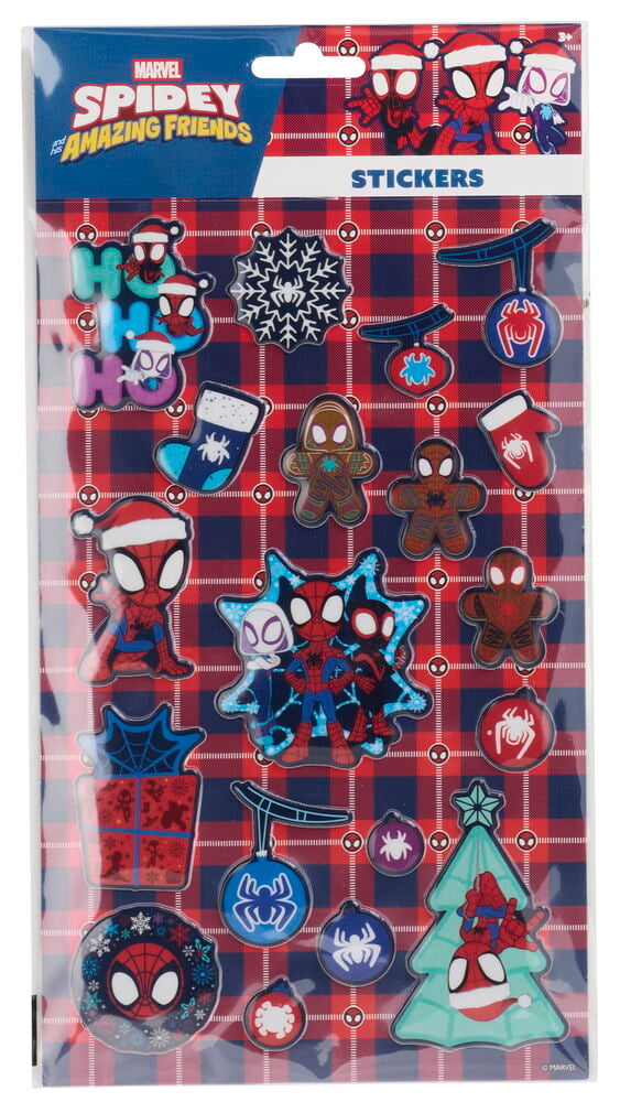 3D-tarrat Disney Useita erilaisia, jouluaihe, kirkkaassa pakkauksessa Spidey-hahmojen kanssa ruutukuvioidulla pohjalla.