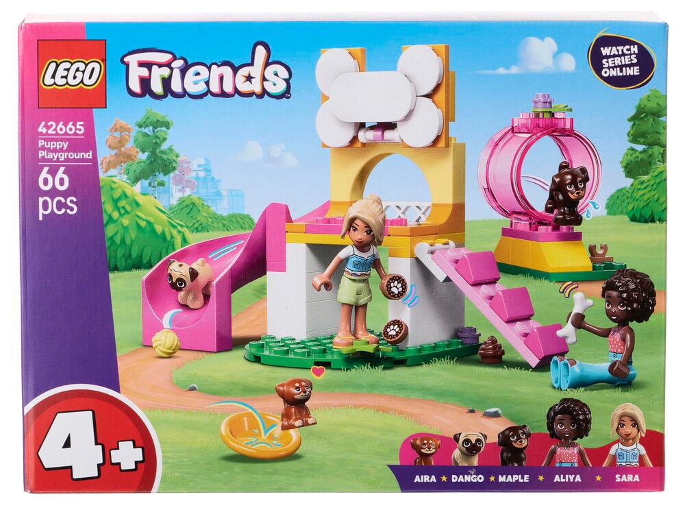 LEGO Friends Puppy Playground 66 osaa setti, kaksi mininukkea, kolme koiraa, liukumäki, pyörä, keinu.