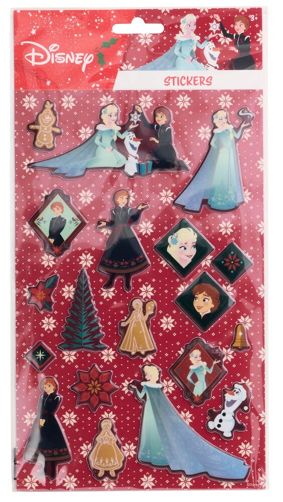 Arkki Disney Frozen joulutarroja, jossa Elsa, Anna, Olaf, piparkakkuja ja juhlavia joulukoristeita.