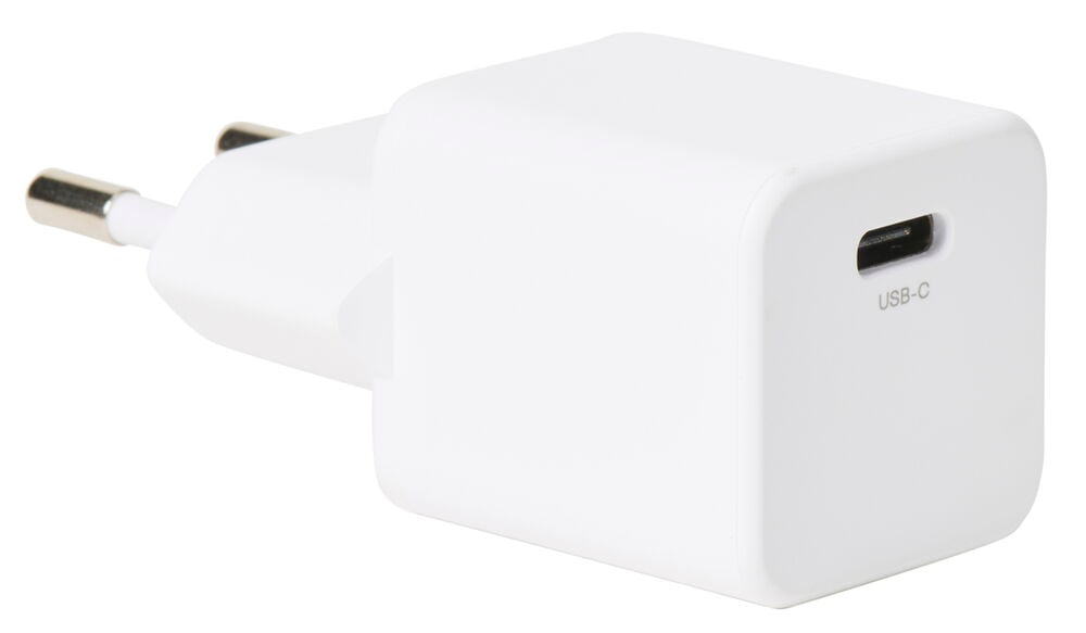 Vit USB-C väggladdare med en port.
