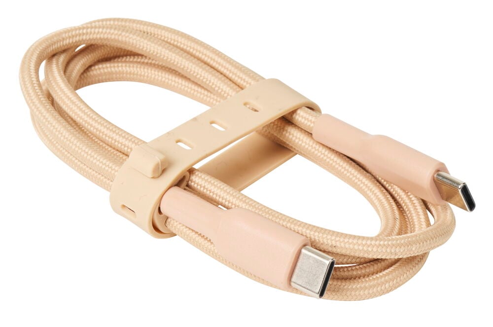 Beige USB-C till USB-C kabel med nylonfläta.