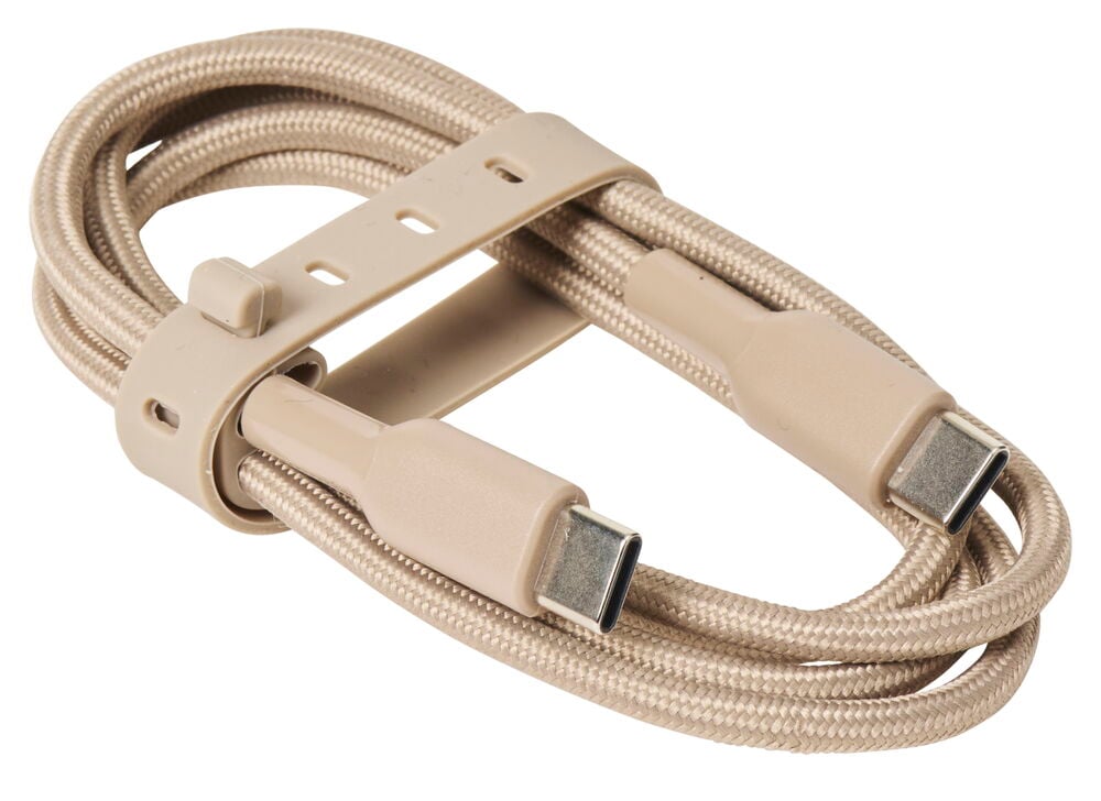 Beige USB-C till USB-C sladd i flätad nylon.
