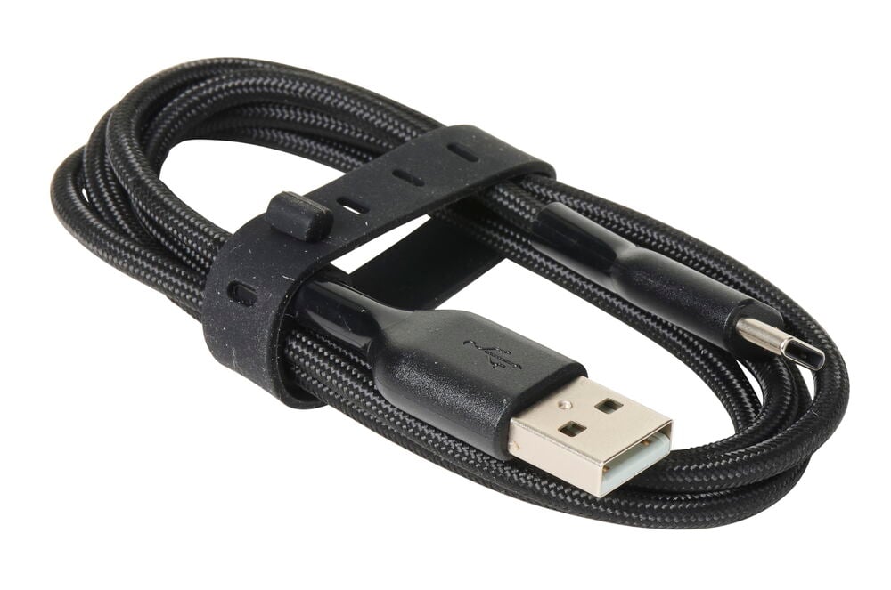 Svart USB-A till USB-C kabel med kardborreband.