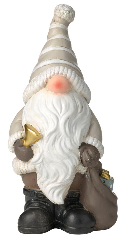 Dekofigur 16 cm Beton, die einen Wichtel mit goldener Glocke und braunem Geschenksack darstellt.