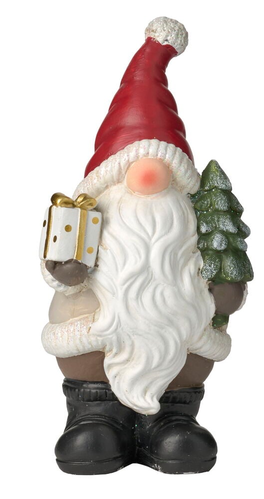 Eine Dekofigur 16 cm Beton eines Gnom in rotem Hut, der ein weißes Geschenk und einen grünen Weihnachtsbaum hält.