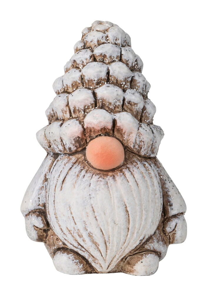 En betong juldekoration figur, en tomte med vit glittrig kottehatt, vitt skägg och rosa näsa.