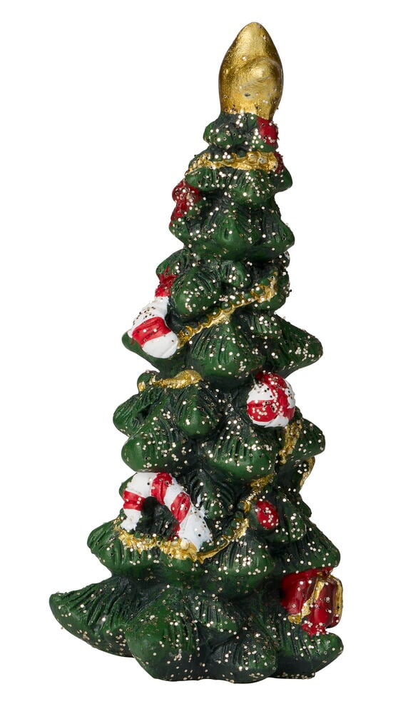 Grön Dekorationsfigur 5-7 cm Betong Jul med guldtopp, girlang, polkagrisar, röda prydnader och glitter.