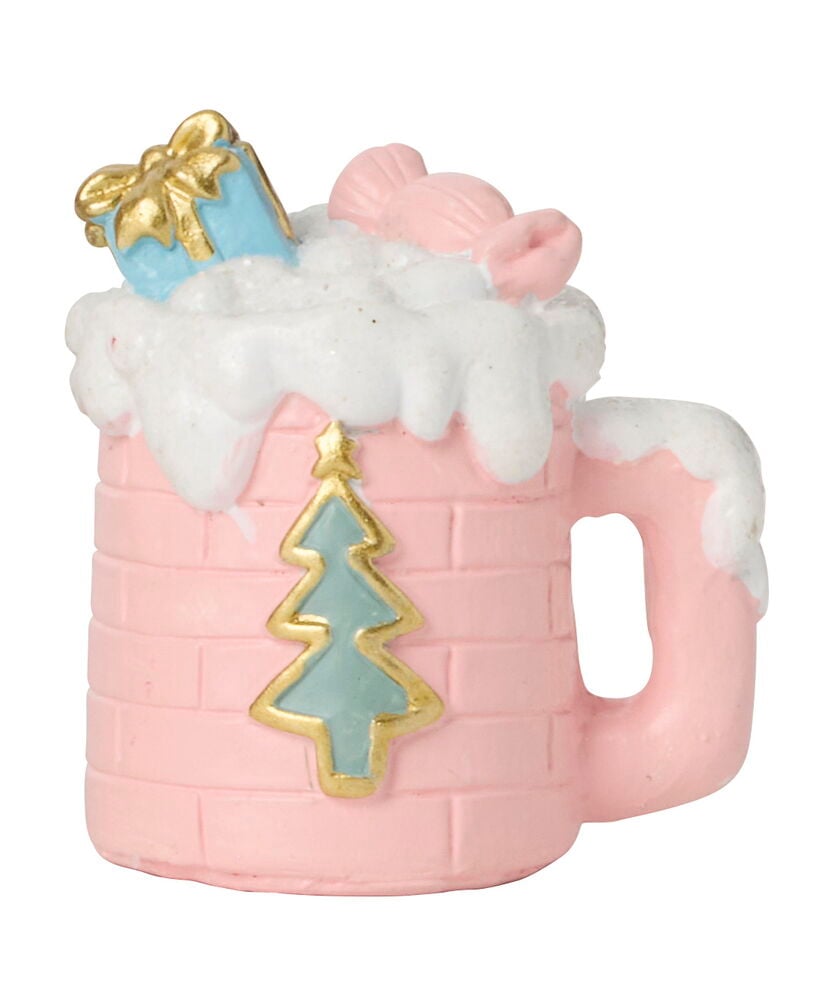 Rosa muggformad Dekorationsfigur 5-7 cm Betong med vit snö, blå present och blå julgran.