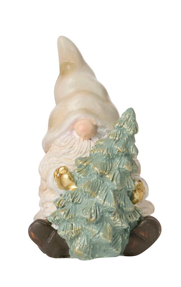 Dekorationsfigur 5-7 cm Betong, en ljus tomte som håller en grön julgran med gulddetaljer.