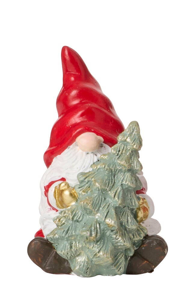 En Dekorationsfigur 5-7 cm Betong av en tomte med röd mössa, vitt skägg, hållande en grön julgran.