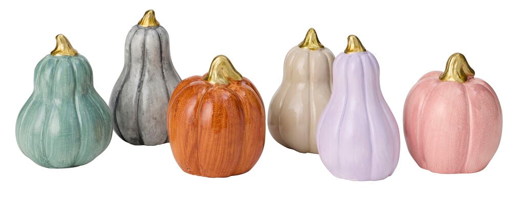 Seks 5-7 cm Betong Gresskar med gullfargede stilker i turkis, grå, oransje, beige, lilla og rosa.