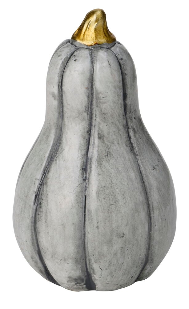 Et 5-7 cm grått riflet betonggresskar med en gullstilk, presentert i et frontbilde.