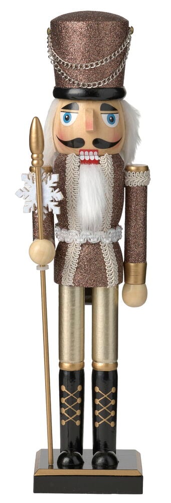 Brauner glitzernder 38 cm Nussknacker, der einen goldenen Stab mit einer weißen Schneeflocke hält, Vorderansicht.