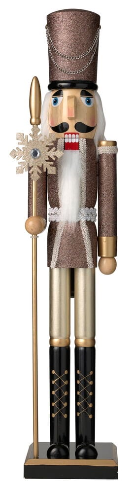 Ein 75 cm brauner Glitzer-Nussknacker hält einen Goldstab mit einer funkelnden Schneeflocke, stehend auf schwarzem Sockel.
