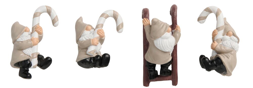 Topfdekoration Santa 4er-Pack Gemischte Figuren: Zwerge in Beige, drei mit gestreiften Zuckerstangen, einer klettert eine Leiter hinauf.