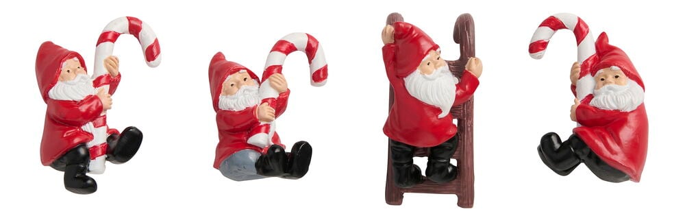 Ein Set aus vier roten Weihnachtswichtel-Topfdekorationen; drei halten Zuckerstangen und einer klettert eine braune Leiter.