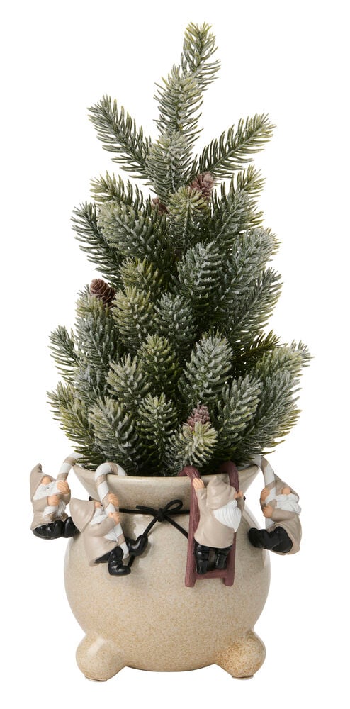 Topfdekoration Santa 4 er-Pack Gemischte Figuren: Bereifter Baum in beigefarbenem Topf mit kletternden und hängenden Zwergen.