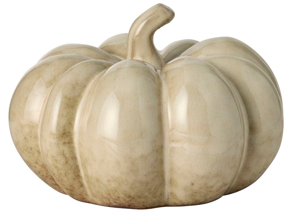 Beige keramisk dekorationspumpa med vertikala åsar och stjälk, med blandade färger.