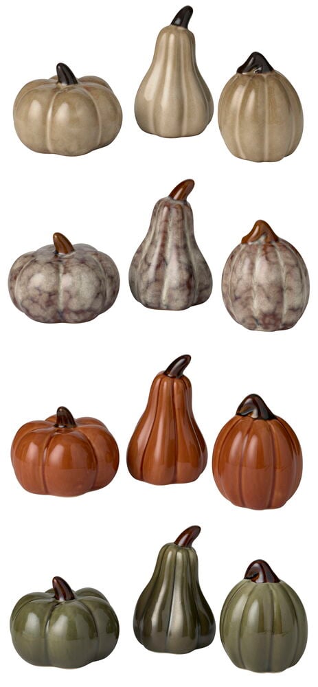 Dekorationspumpa 3-pack av keramiska pumpor och kalebasser i blandade beige, bruna, orange och gröna färger.