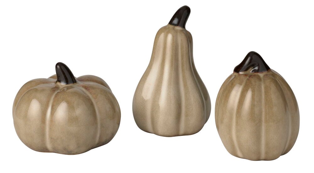 Tre keramiska Dekorationspumpa 3-pack i beige med mörkbruna stjälkar, i olika kalebassformer.