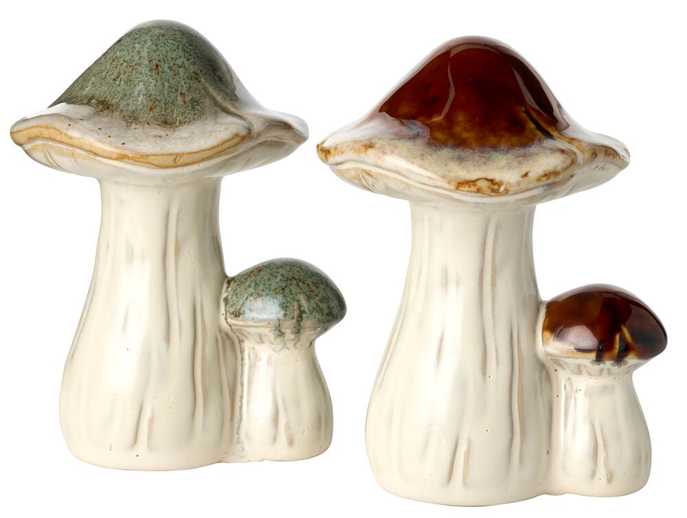 Ett set keramiska Dekoration Mushrooms, en grönkåpad med en mindre grön svamp, den andra brun.