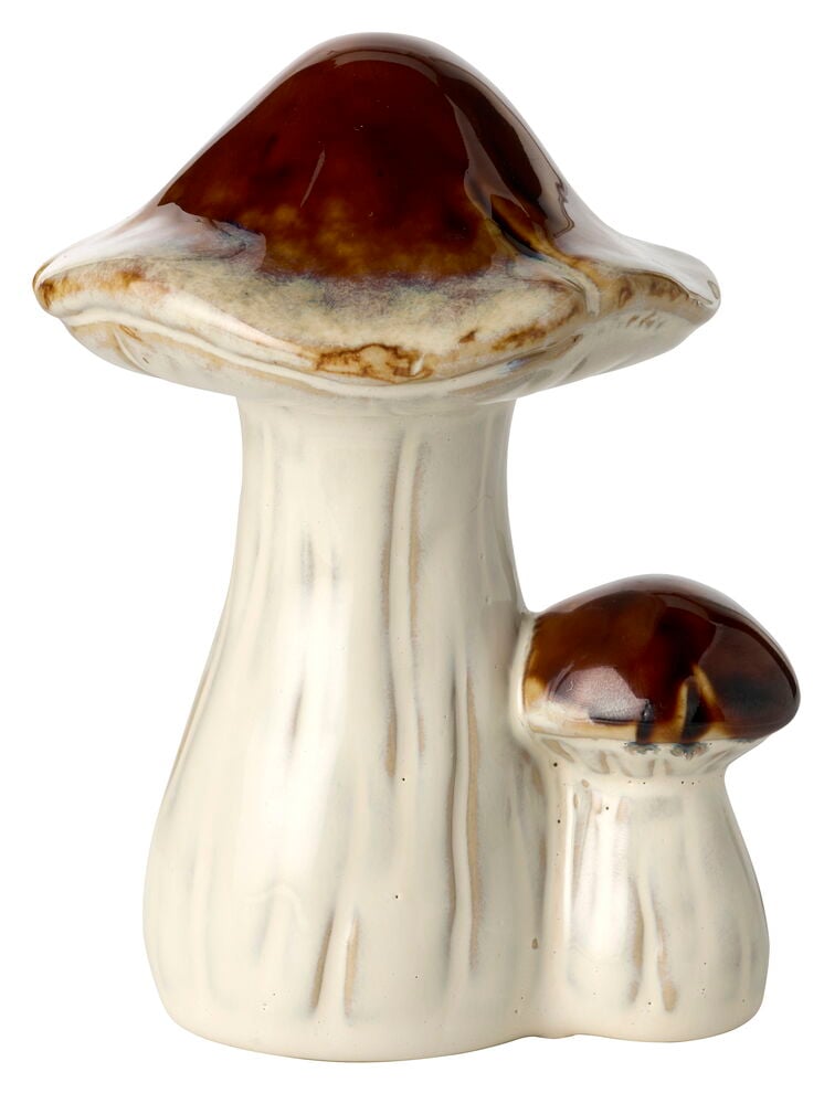 En tvådelad Dekoration Mushroom 14 cm med glansiga bruna hattar och gräddvita stjälkar.