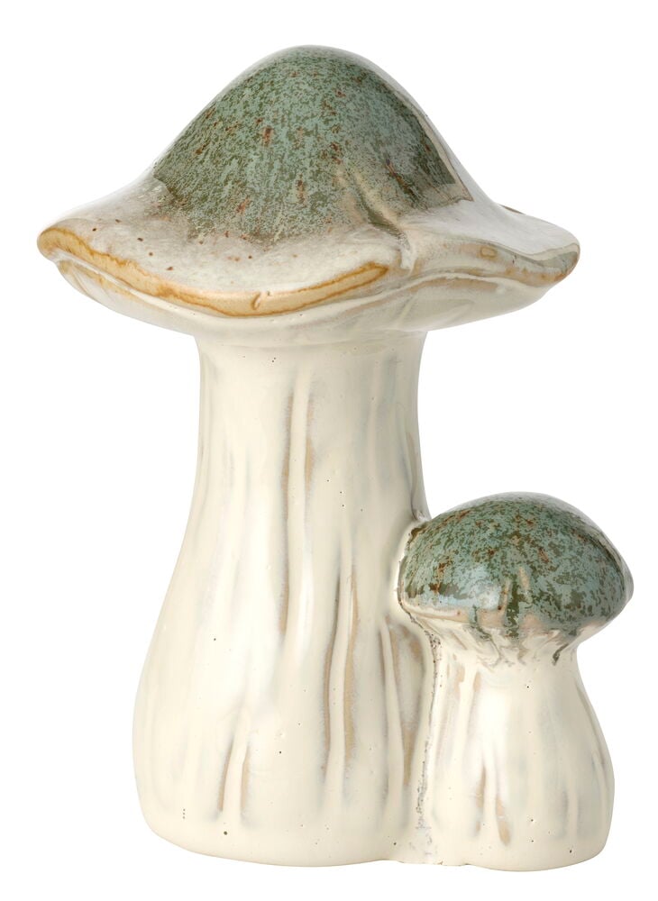 En 14 cm glaserad keramisk Dekoration Mushroom med spräckliga gröna hattar och gräddvita stammar.