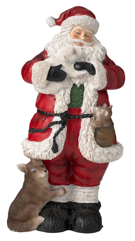 Weihnachtsmann-Figur in rotem Anzug mit weißem Pelz, hält ein weißes Tier, mit zwei braunen Tieren.