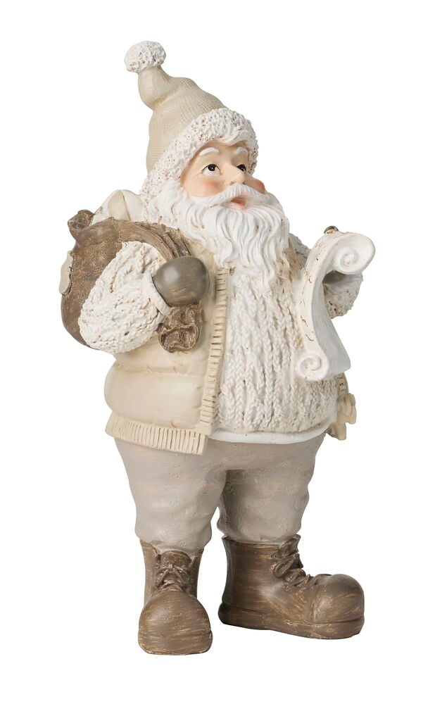 Dekoration Weihnachtsmann Beige Figur mit Strickmütze, Pullover, wattierter Weste, Hose, Stiefeln, hält Sack und Schriftrolle.