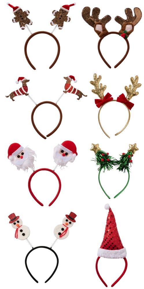 Acht verschiedene Weihnachtsaccessoires: Stirnbänder mit Lebkuchen, Rentieren, Dackeln, Santas, Schneemännern, Bäumen und rotem Hut.
