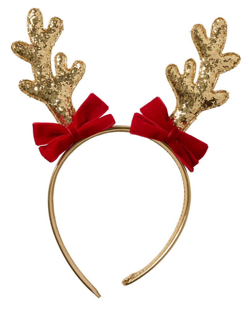 Weihnachtsaccessoires: Goldglitzerndes Rentiergeweih-Haarreif mit zwei kleinen roten Samtschleifen.