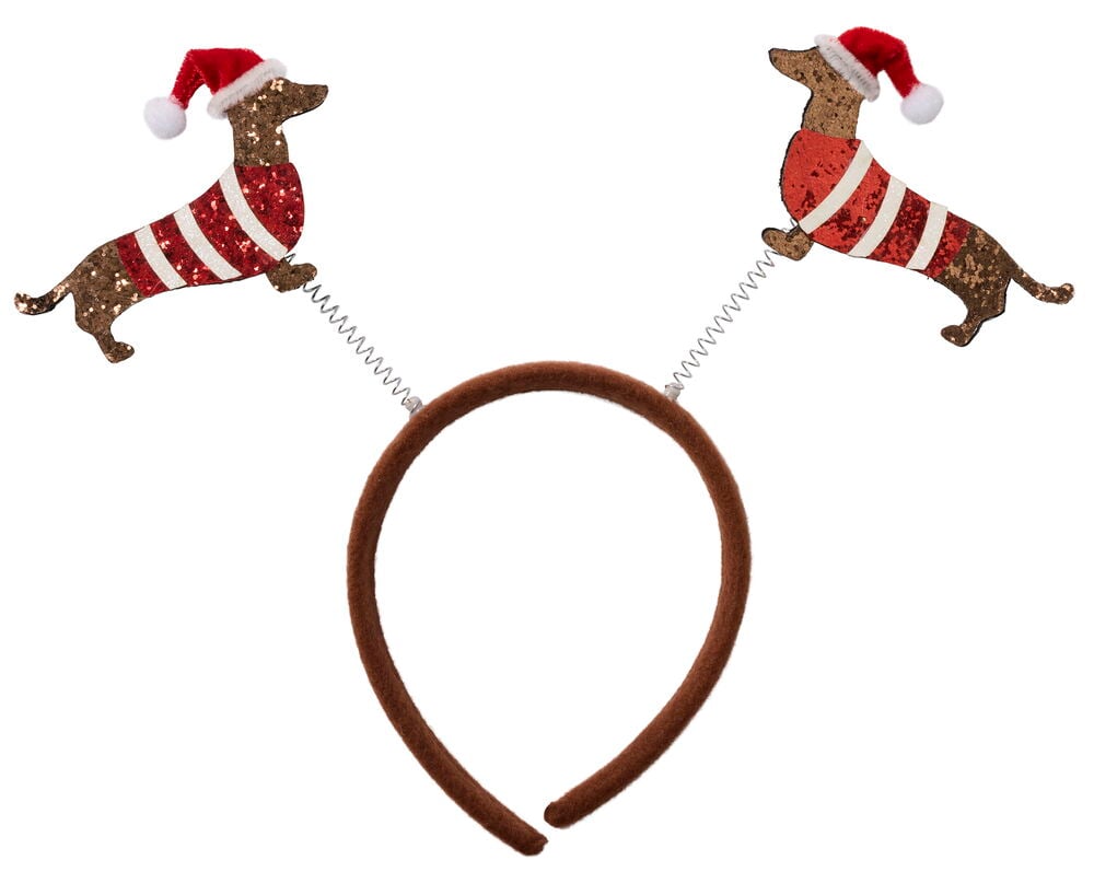 Braunes Filthaarband mit zwei glitzernden Dackeln in rot gestreiften Pullovern und Weihnachtsmützen auf Federn.