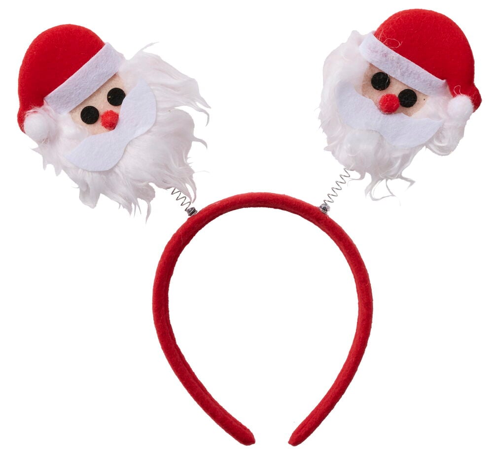 Roter Weihnachts-Haarreif mit zwei federnden Weihnachtsmannköpfen.
