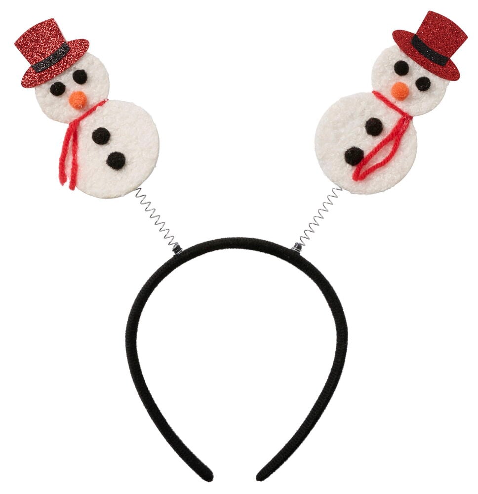 Weihnachtsaccessoires: Schwarzer Haarreif mit zwei Schneemannfiguren auf Federn, mit roten Glitzerhüten und Schals.