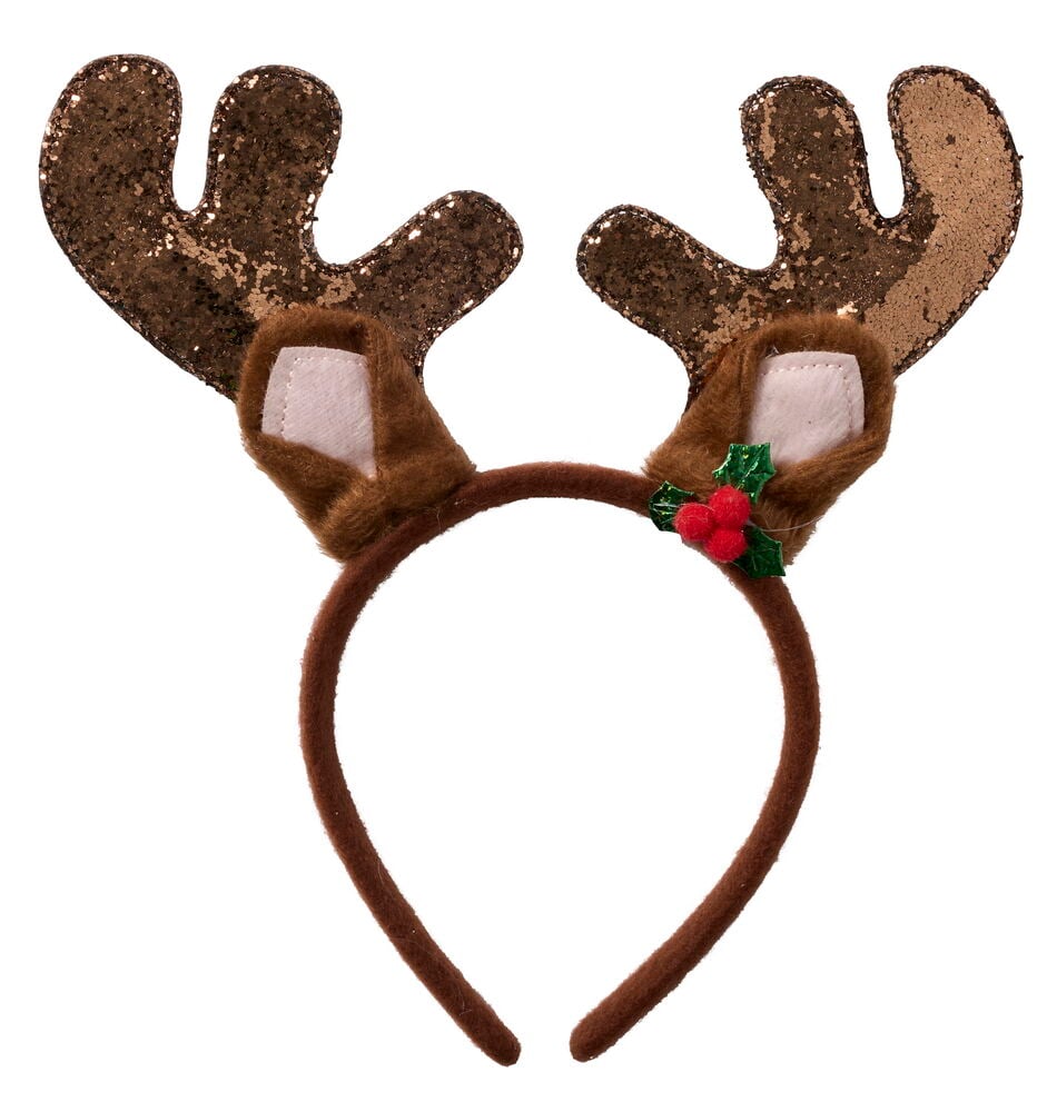 Weihnachtsaccessoires: Ein braunes Rentiergeweih-Haarreif mit Glitzergeweih, flauschigen Ohren und Stechpalmenbeeren.
