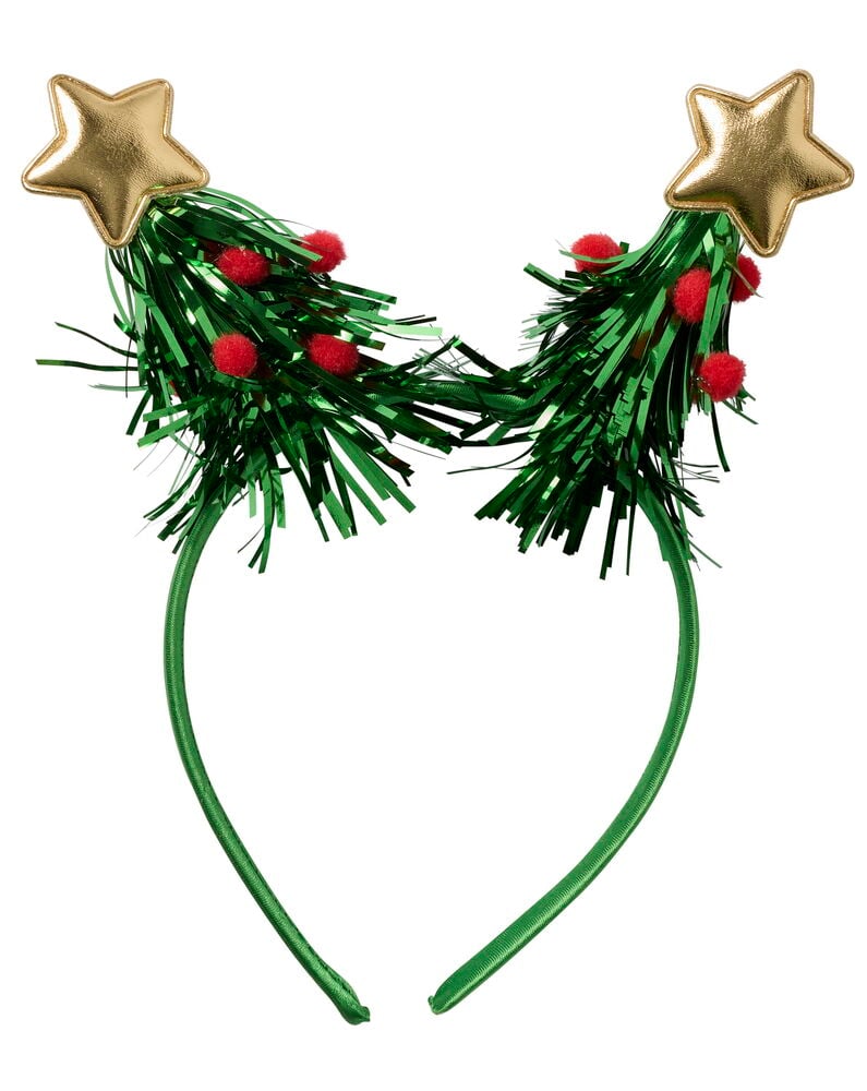 Weihnachtsaccessoires: Grünes Lametta-Weihnachtsbaum-Haarband mit Goldsternen und roten Bommeln.