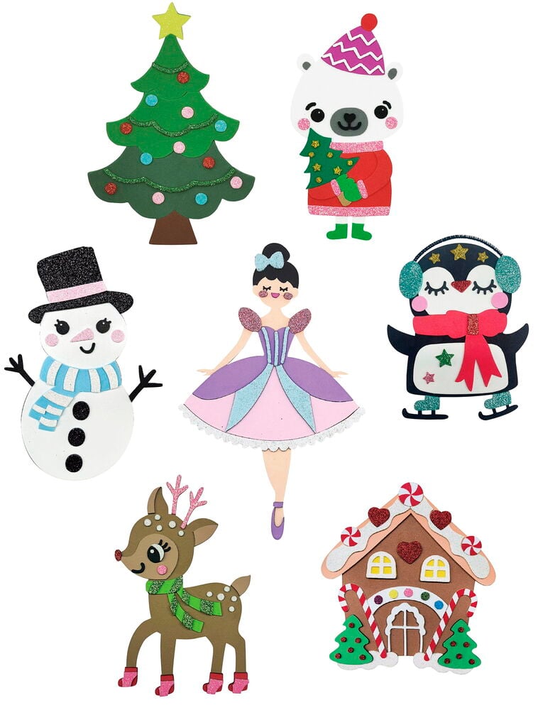 Bastelset Foamstickers 3 er-Pack: Sieben bunte Glitzer-Schaumstoffaufkleber mit Weihnachtsbaum, Eisbär, Schneemann, Ballerina, Pinguin, Rentier, Lebkuchenhaus.