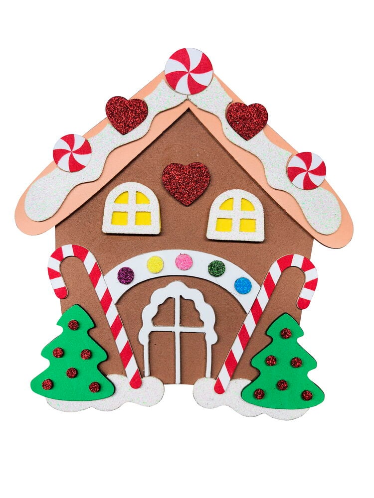 Bastelset Foamstickers 3 er-Pack: ein montiertes Lebkuchenhaus, dekoriert mit Glitzerherzen, Bonbons und Weihnachtsbäumen.