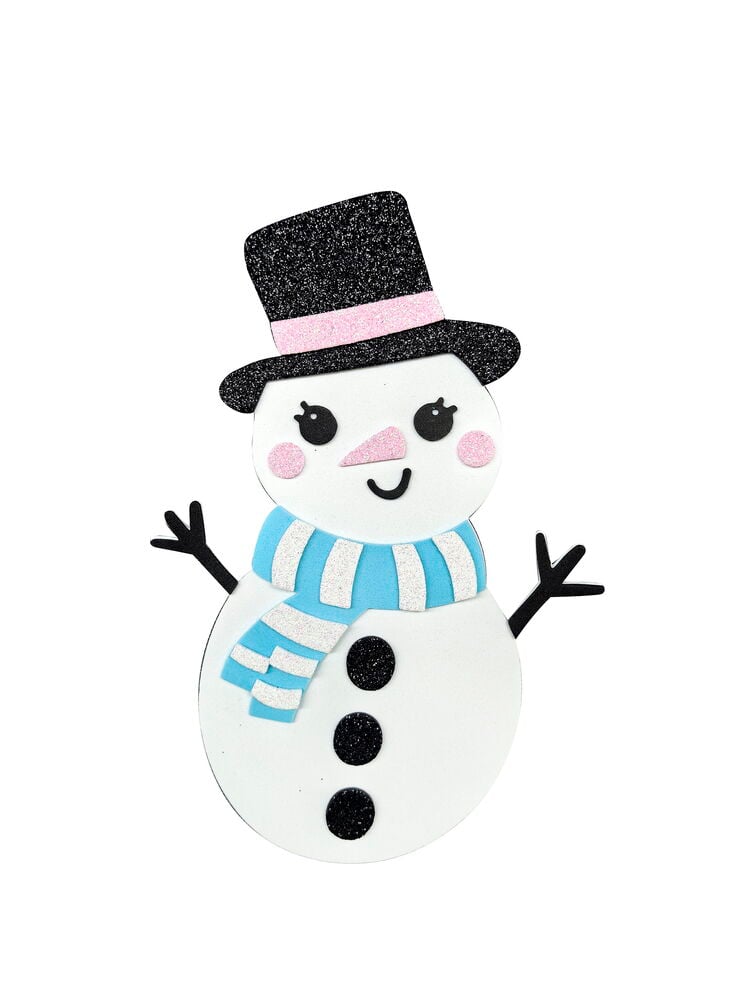 Bastelset Foamstickers 3 er-Pack: Weißer Schneemann-Sticker mit schwarzem Hut, rosa Band, blauem Schal, schwarzen Knöpfen.