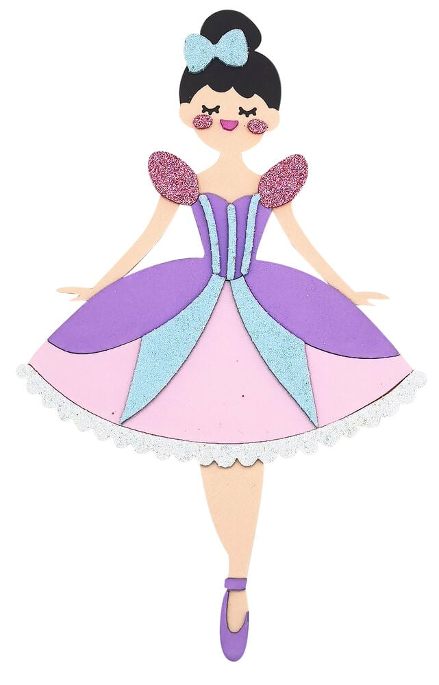 Lächelnder Ballerina-Foamsticker aus Bastelset Foamstickers 3 er-Pack, mit lila, pinkem und glitzerblauem Kleid.