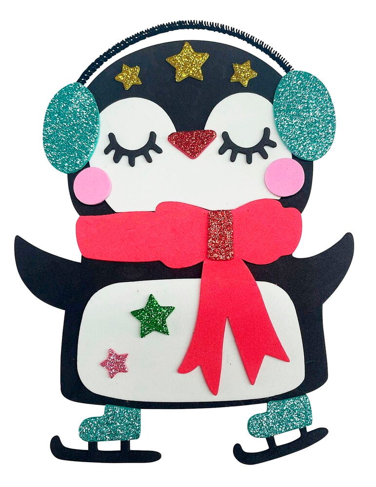 Bastelset Foamstickers 3 er-Pack: schwarz-weißer Pinguin, roter Schal, türkises Zubehör, Glitzersterne.
