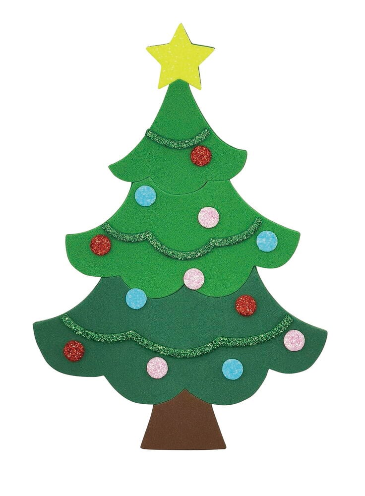 Bastelset Foamstickers 3 er-Pack: Grüner Schaumstoff-Weihnachtsbaum mit gelbem Stern, Glitzergirlanden und roten, blauen, pinken runden Ornamenten.