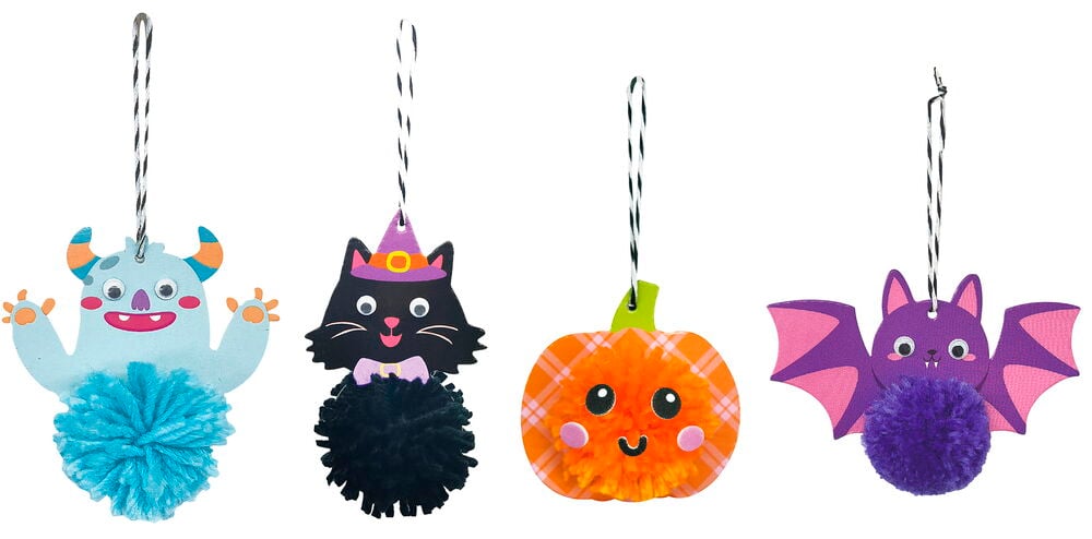 Bommel-Bastelset Halloween mit Monster, schwarzer Katze, Kürbis und Fledermaus mit Bommelkörpern.