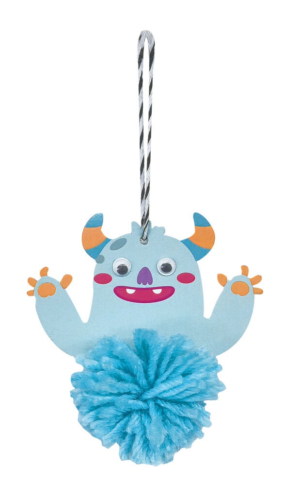 Bommel-Bastelset 3 er-Pack Halloween: ein blaues Monster mit Wackelaugen, blauem Bommel und Aufhänger.